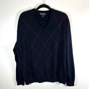 Brooks Brothers Men XL V Neck Argyle Sweater Extra Fine Italian Merino Wool Navy